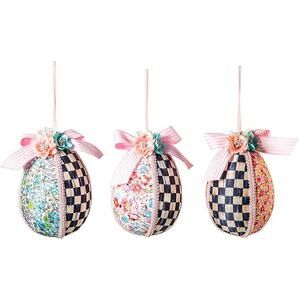 MACKENZIE-CHILDS Floral Checkered Set of 3 Prairie Spring Egg Ornaments NEW